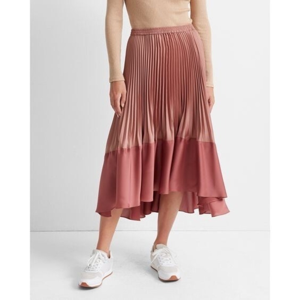 Club Monaco Pleated Flounce Satin Midi Skirt Pale Rose Taupe Colorblock L‎ Women